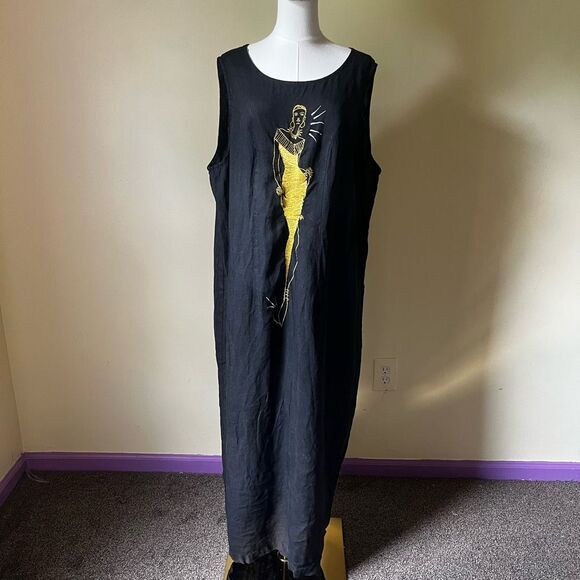 Vintage Mosato Linen Maxi Dress 3X Black Gold Embroidered Abstract Woman Art - Picture 1 of 9